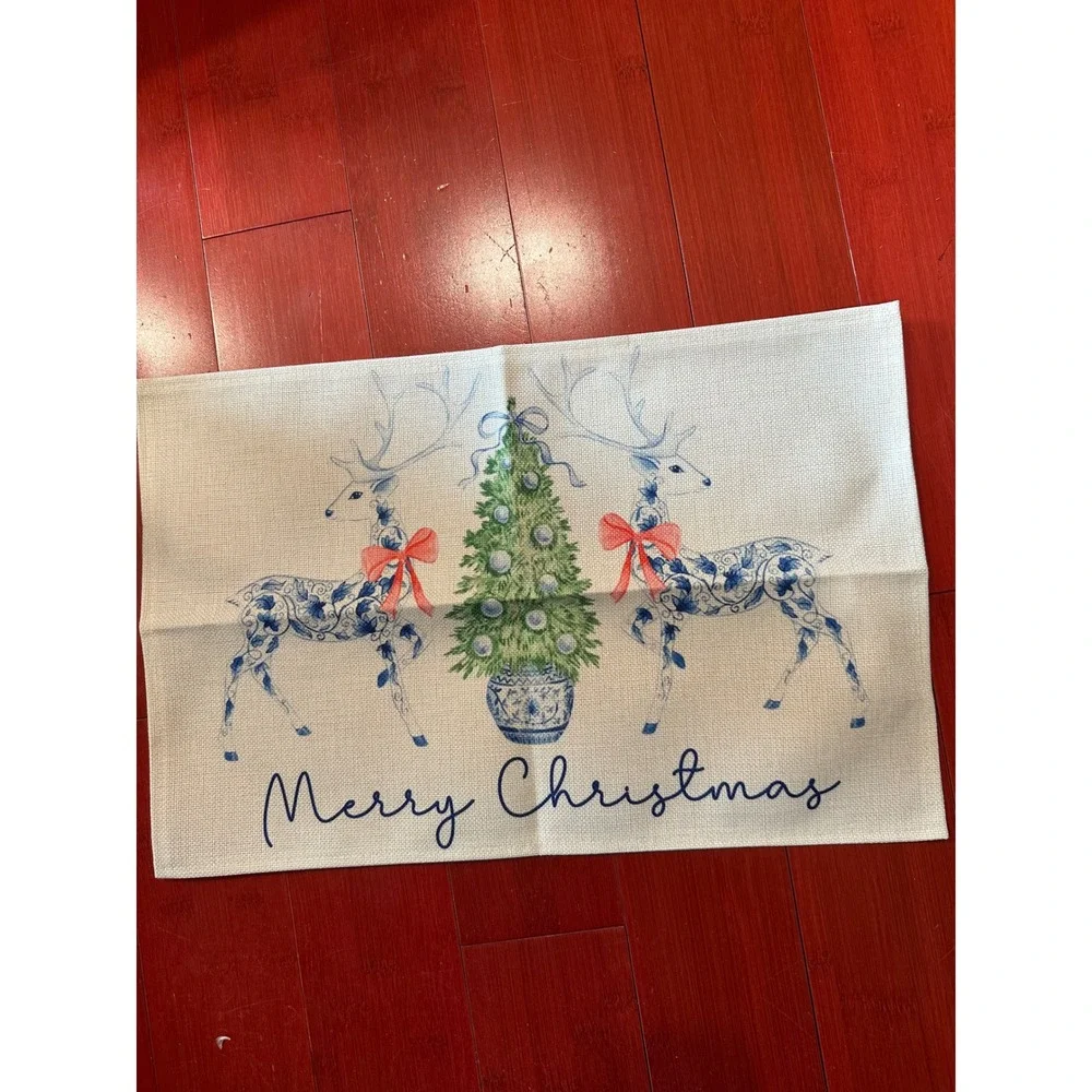 Merry Christmas Reindeer Placemats Set of 4 Chinoiserie Blue White Burlap Style